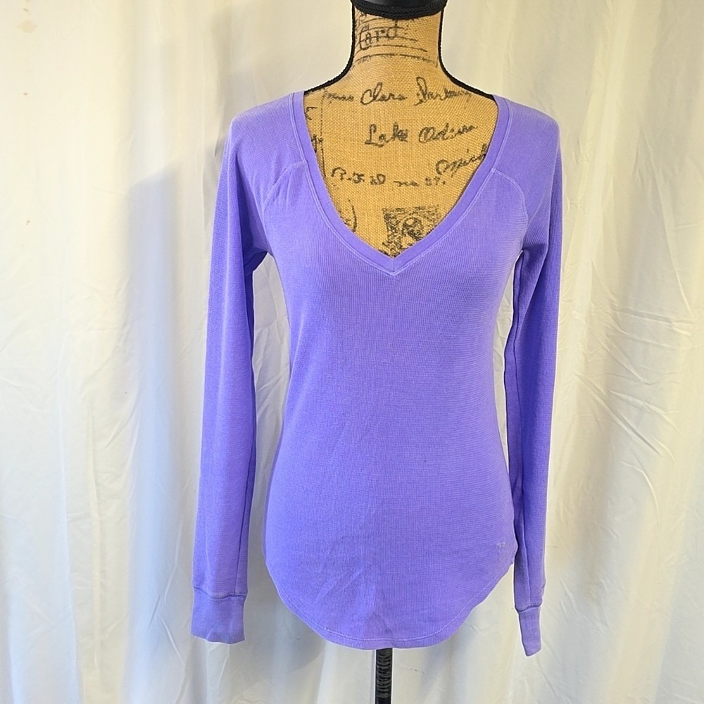 Victorias Secret Womens XS Sleepwear Top Purple Waffle Knit Long Sleeve V Neck